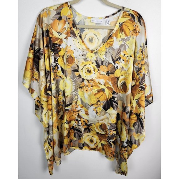 Susan Graver Tops - Susan Graver Women's Sz. L Yellow & Grey Floral Poncho V Neck Top